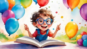 Obrazek przedstawia uśmiechniętego chłopca w okularach czytającego książkę w tle są kolorowe balony